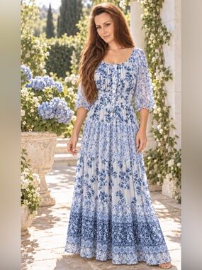 NWT Figueroa and Flower Blue & White Floral Smocked and Tiered Airy Maxi Dress L